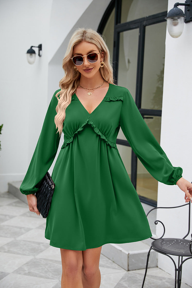 frill trim v-neck long sleeve dress