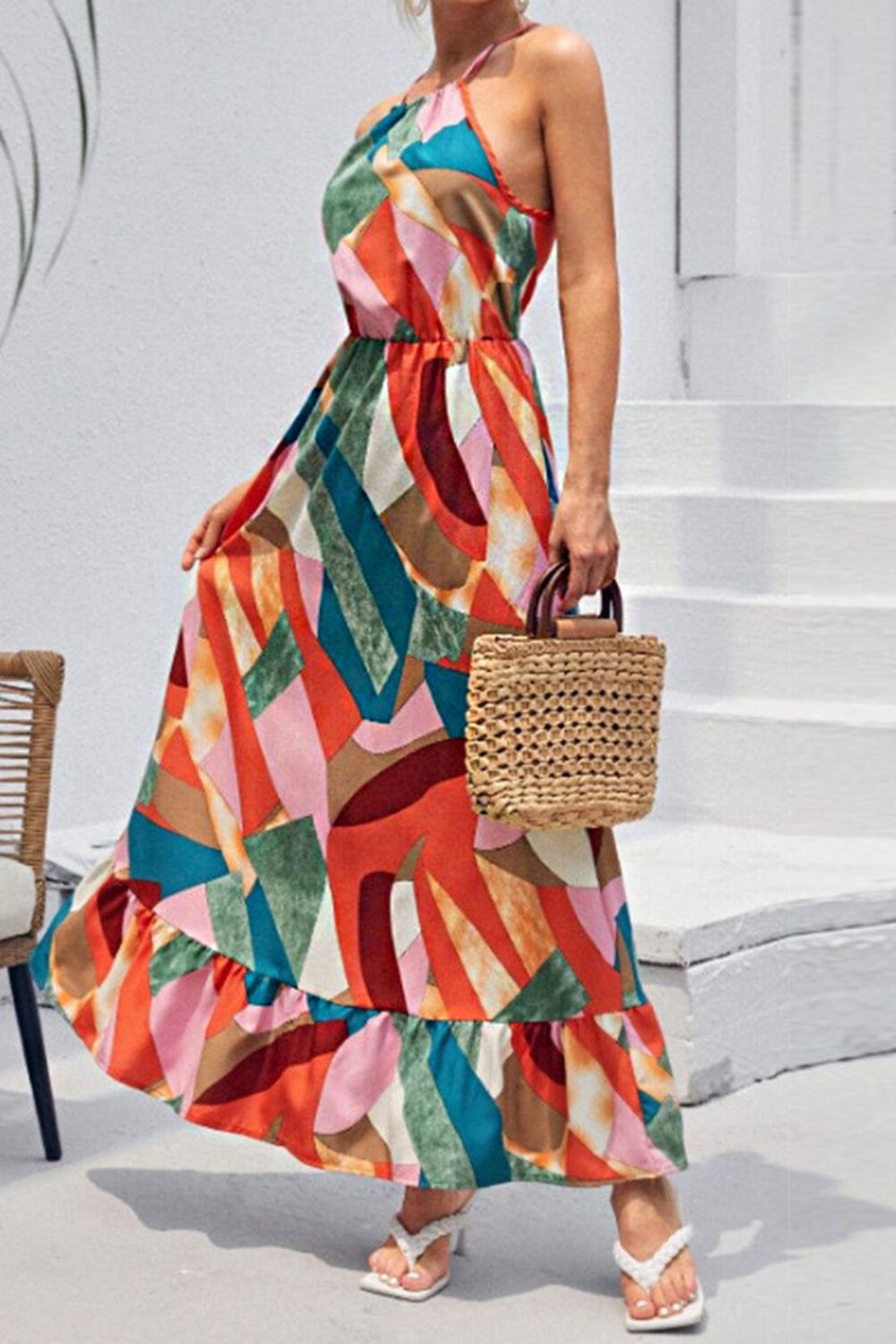 multicolored tied grecian neck maxi dress