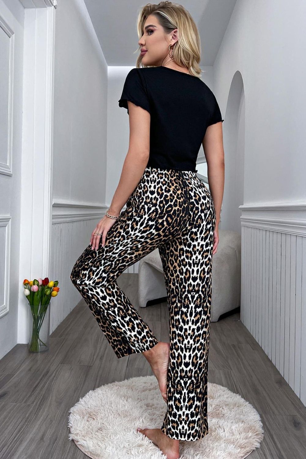 lettuce trim cropped t-shirt and leopard pants lounge set