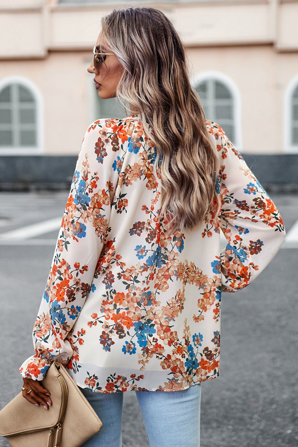 floral print flounce sleeve blouse