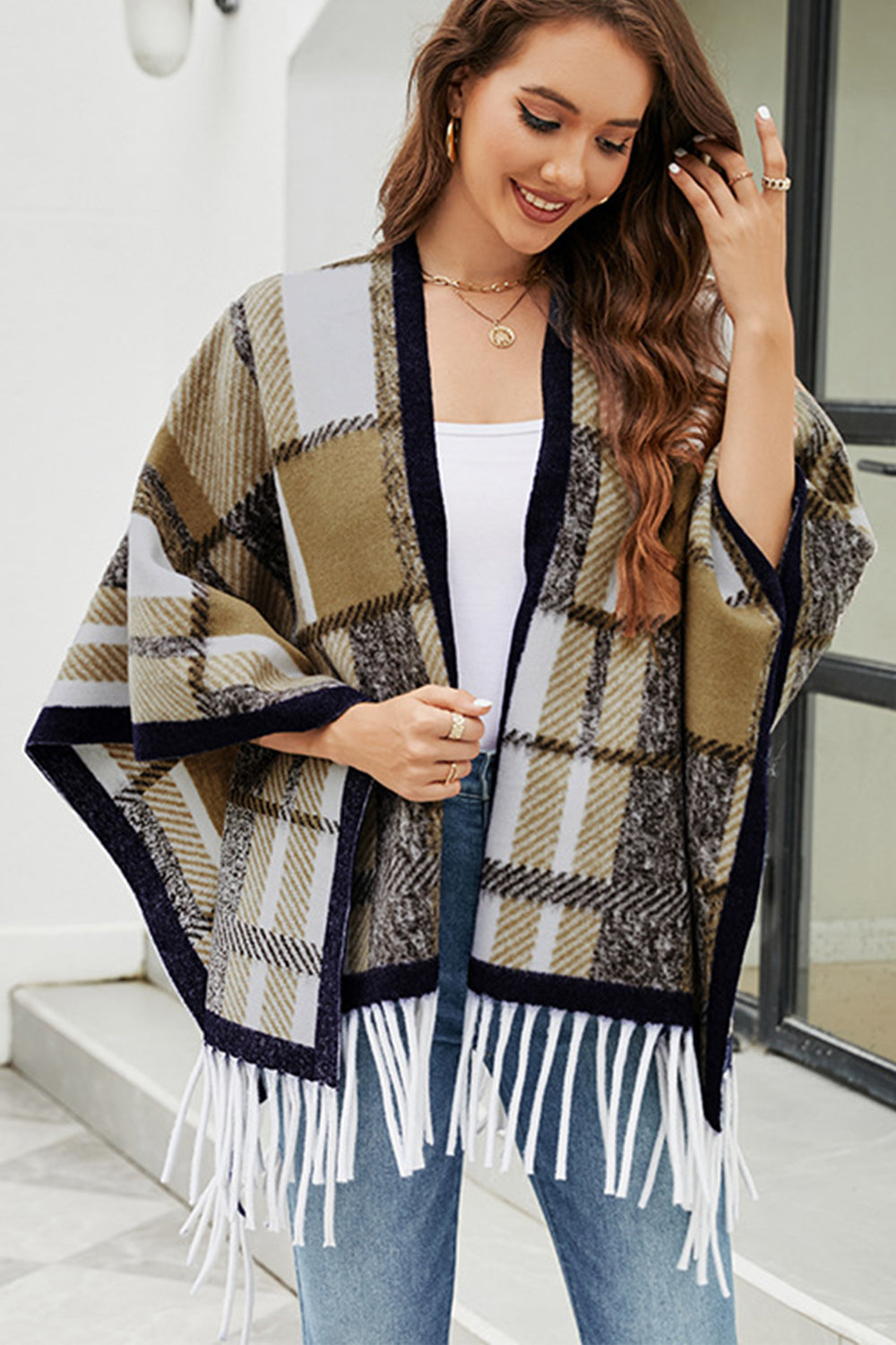 cloak sleeve fringe detail poncho