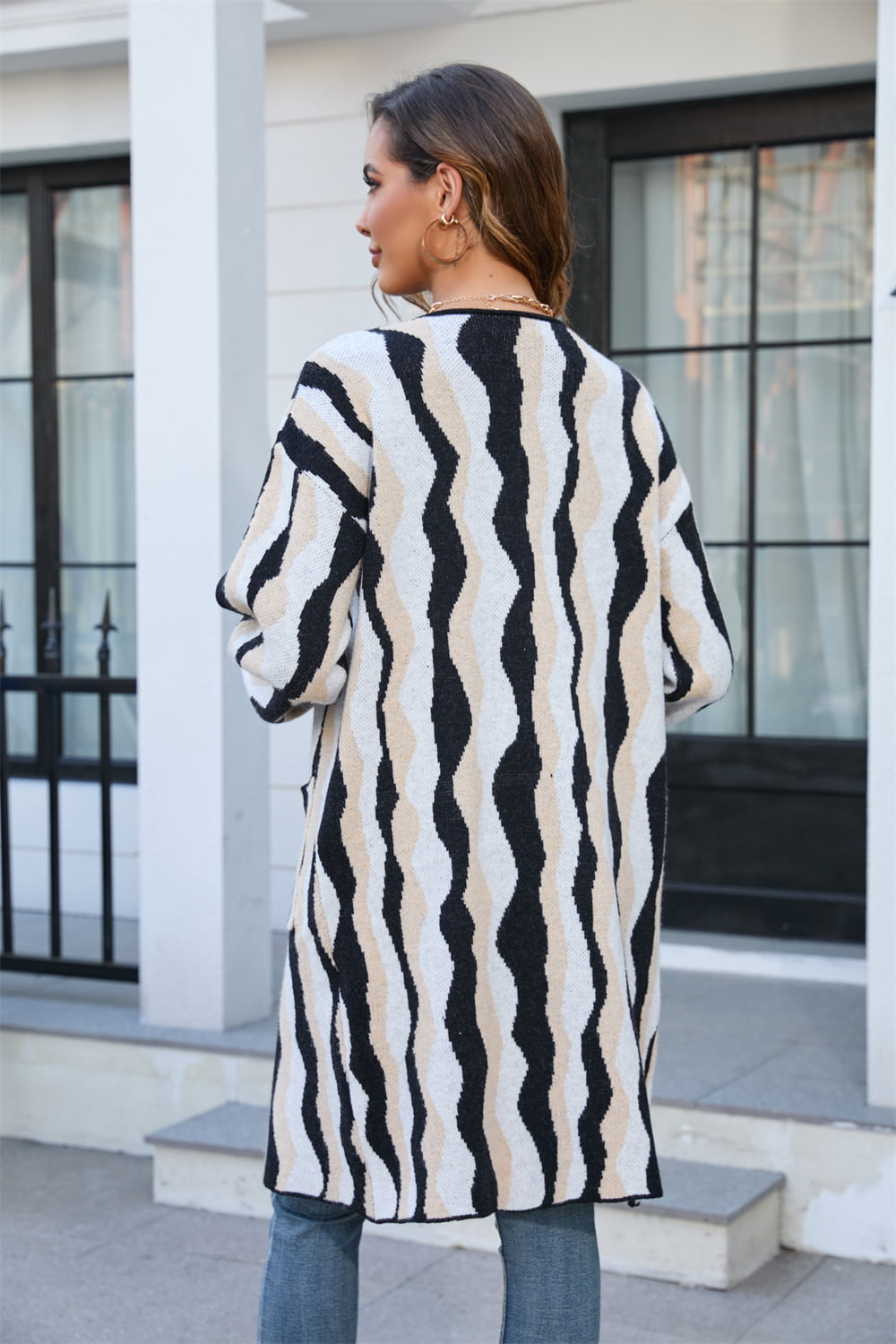 printed open front pocketed cardigan