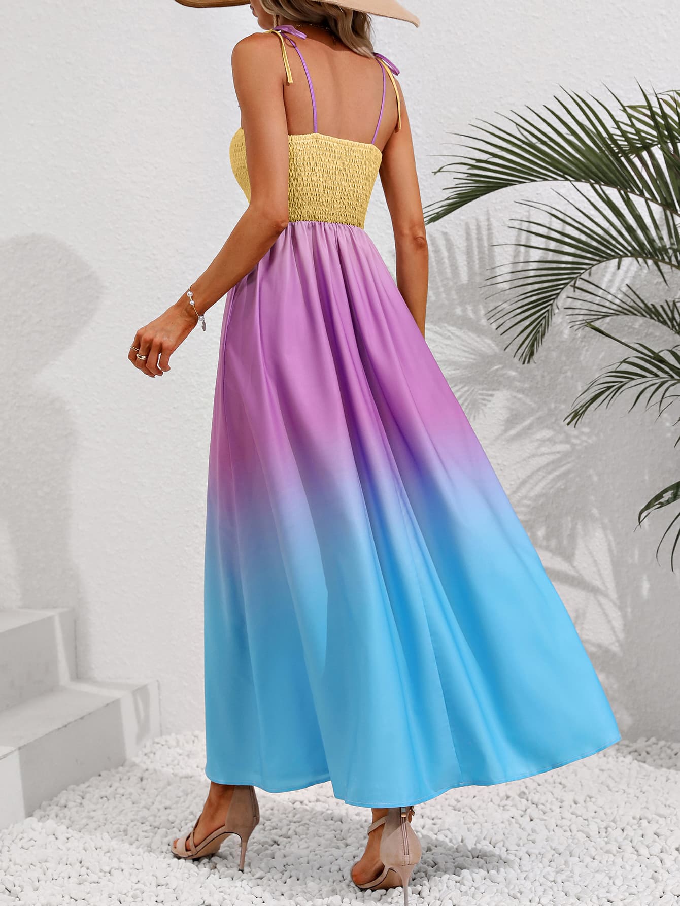 color block tie shoulder smocked maxi dress