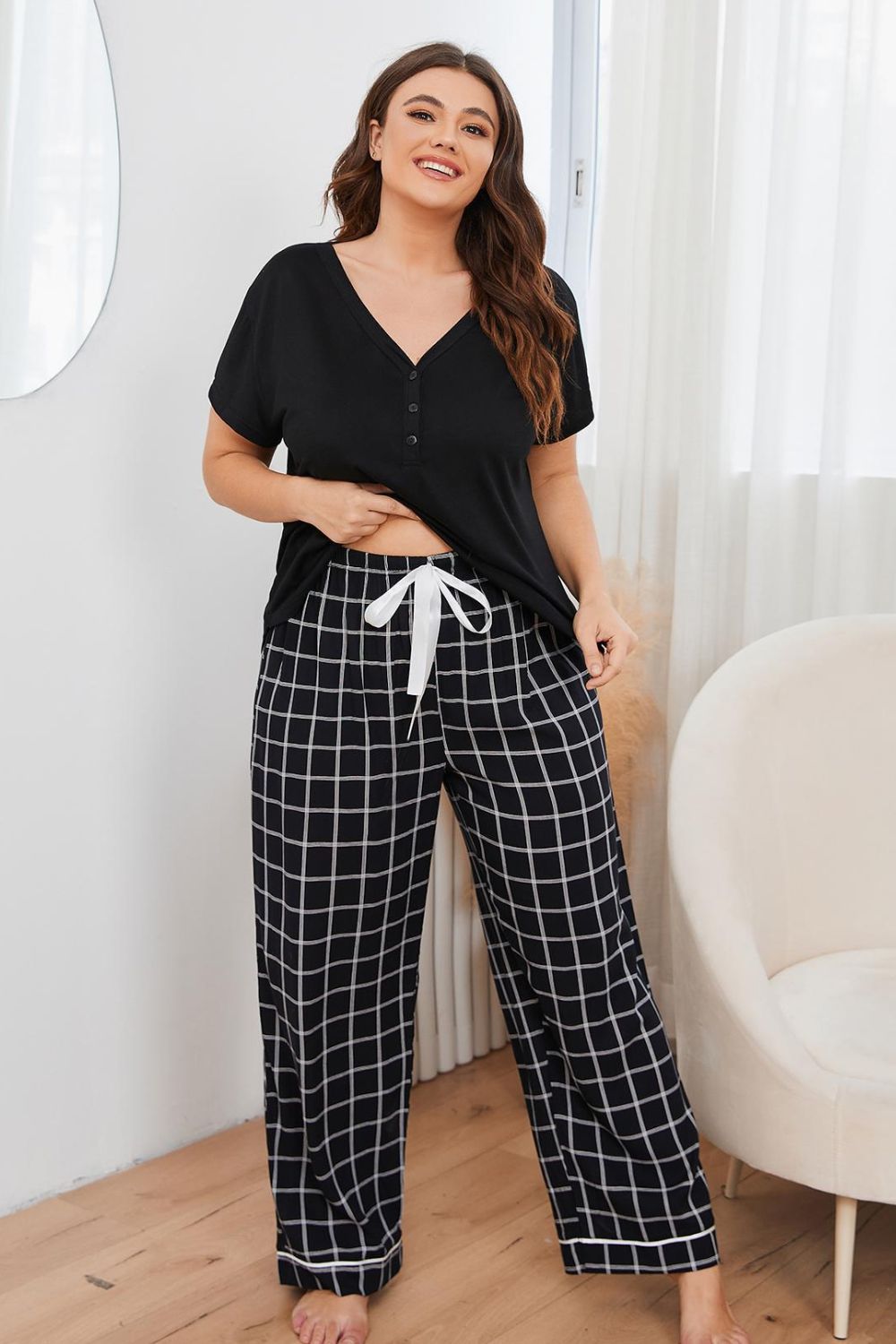 plus size v-neck top and plaid pants lounge set