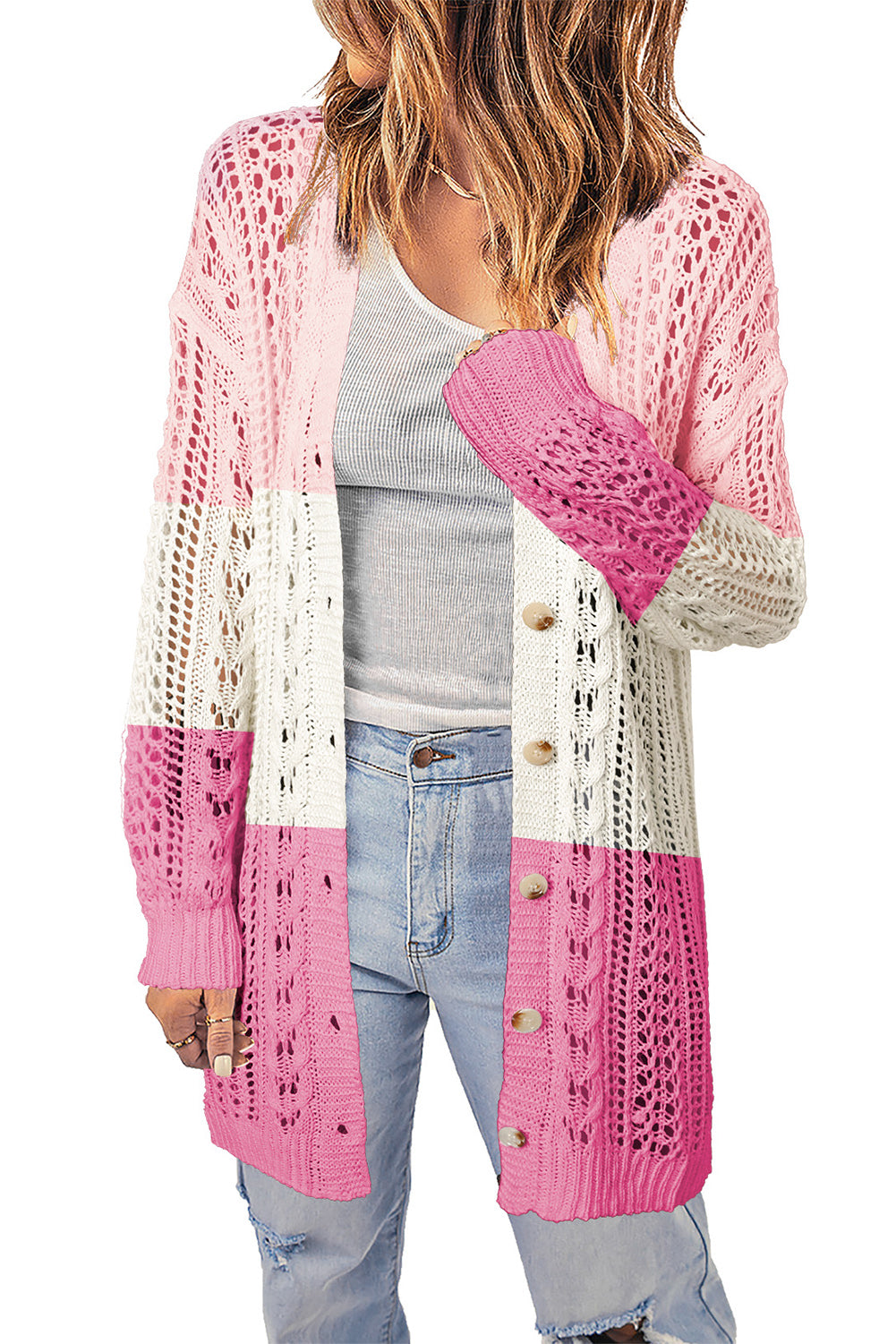 double take openwork ribbed cuff longline cardigan