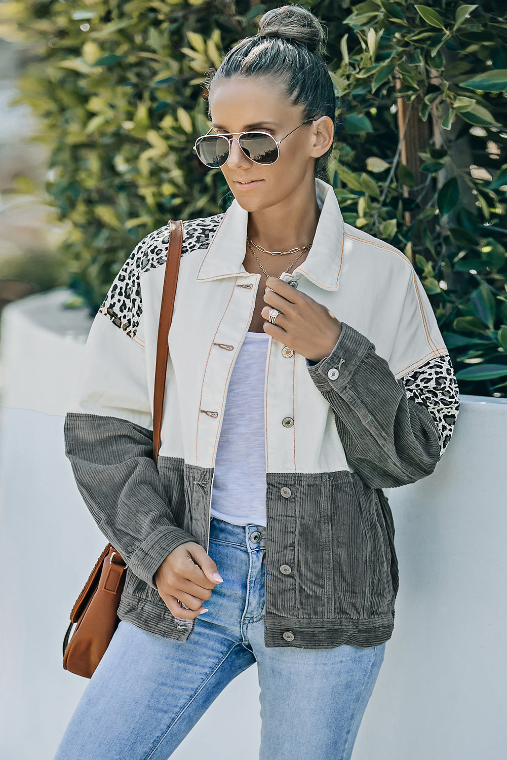 leopard color block button-up corduroy shacket
