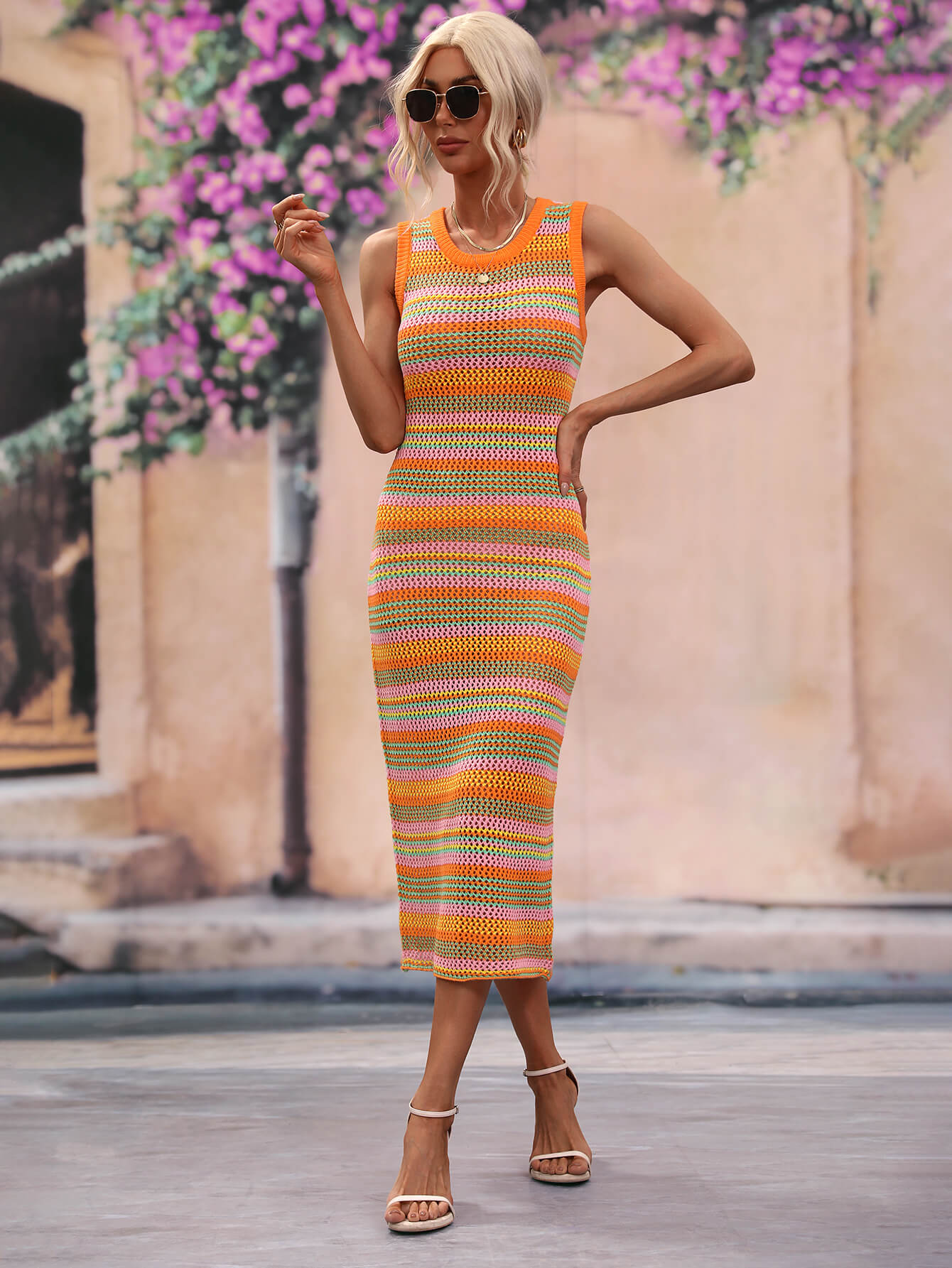 striped round neck sleeveless midi cover up dress