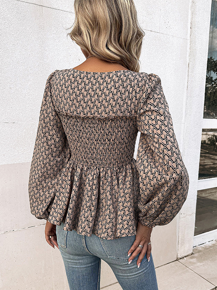 printed square neck long sleeve blouse