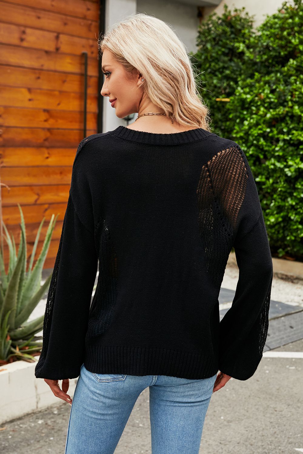 openwork round neck dropped shoulder knit top