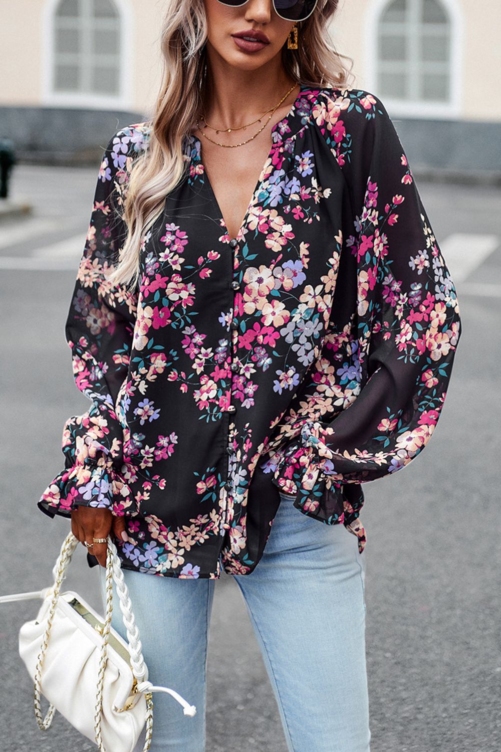 floral print flounce sleeve blouse