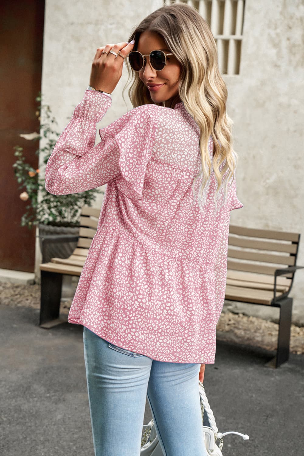 printed round neck flounce sleeve blouse