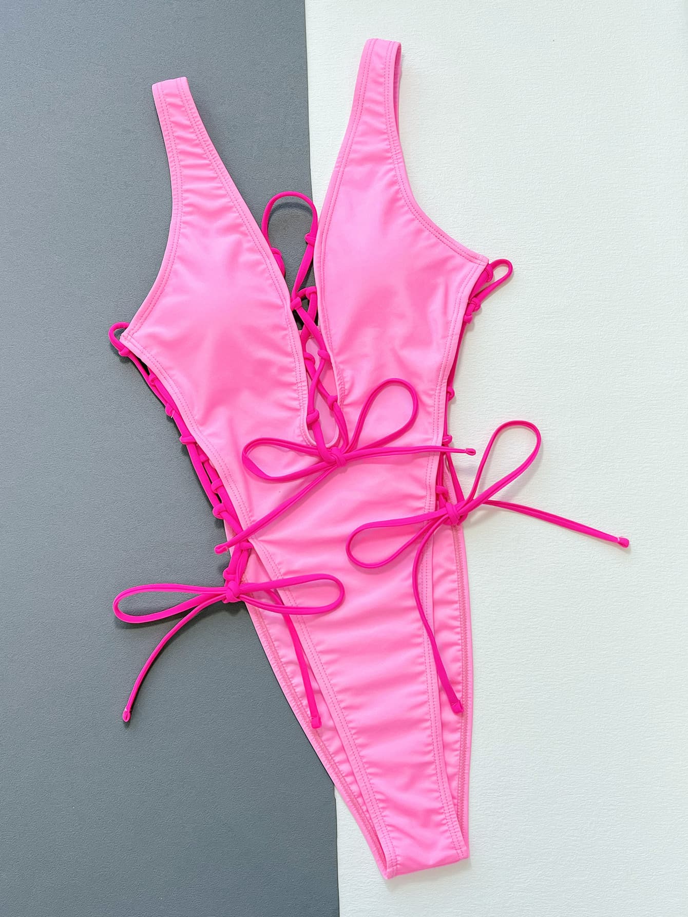 lace-up deep v sleeveless one-piece swimsuit