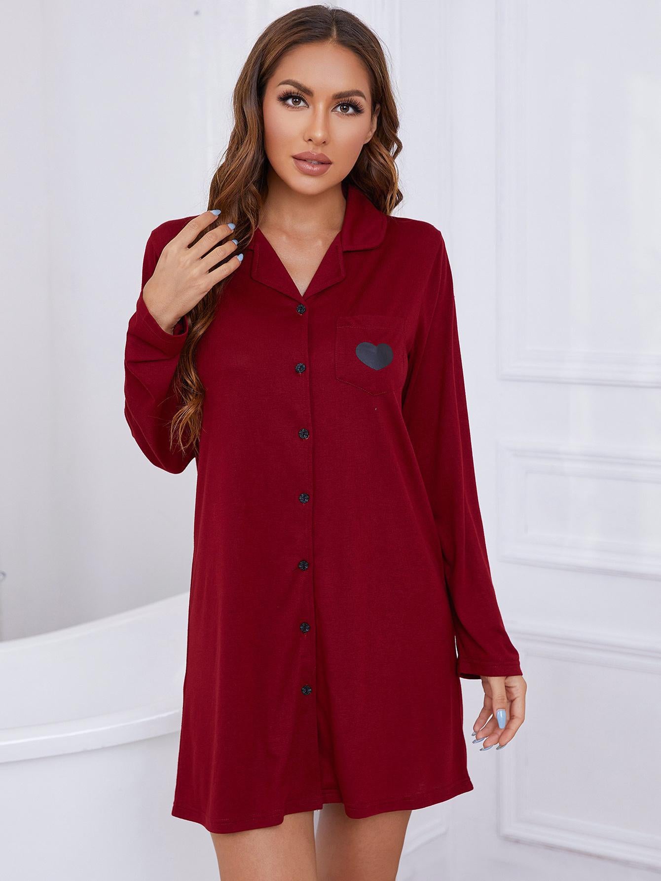 heart graphic lapel collar long sleeve night dress