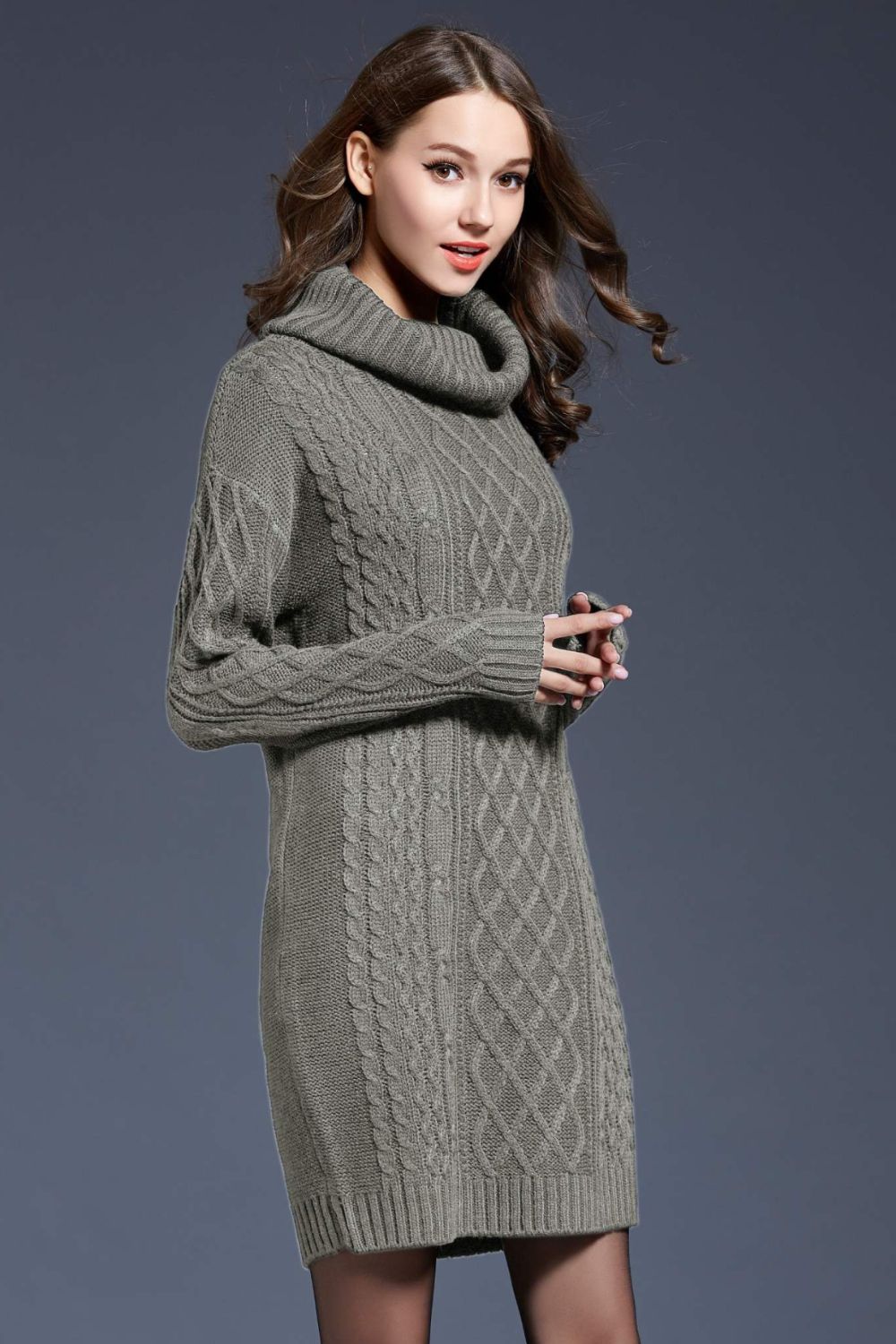 woven right full size mixed knit cowl neck dropped shoulder sweater dress