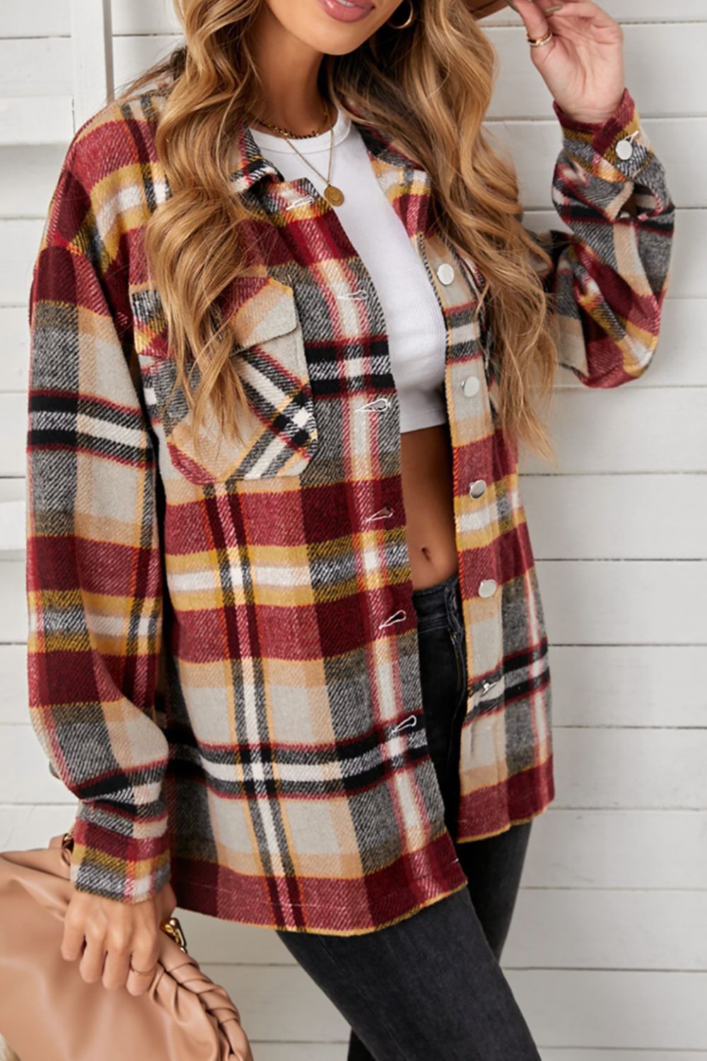 plaid pocketed button down shacket