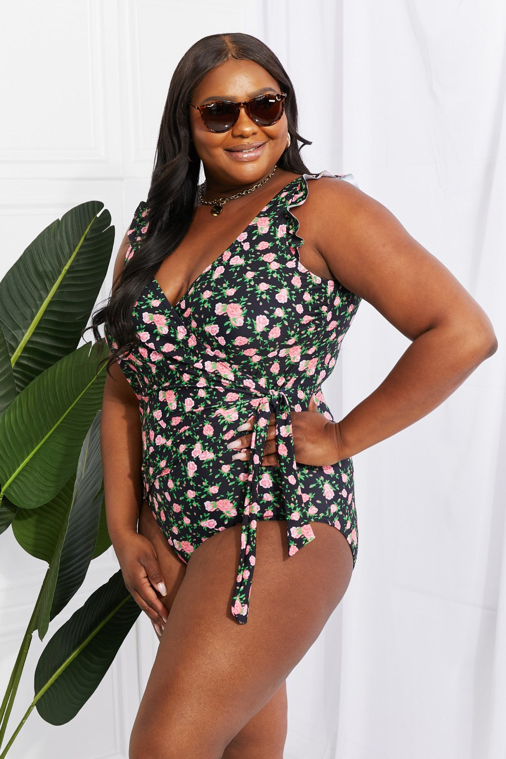marina west swim full size float on ruffle faux wrap one-piece in floral