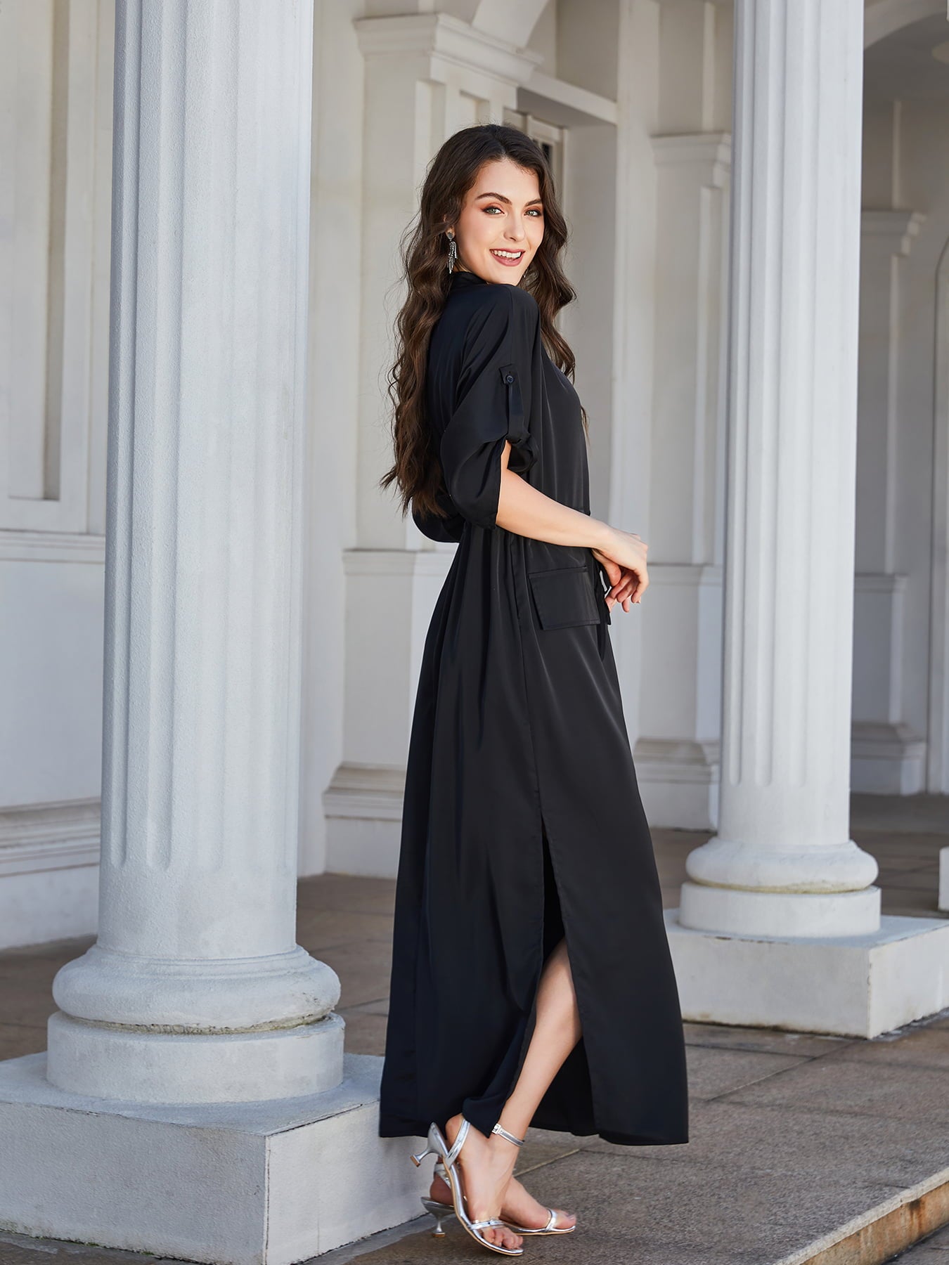 high slit roll-tab sleeve notched neck maxi dress