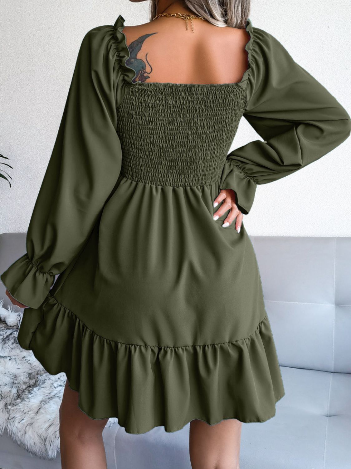 smocked flounce sleeve square neck dress