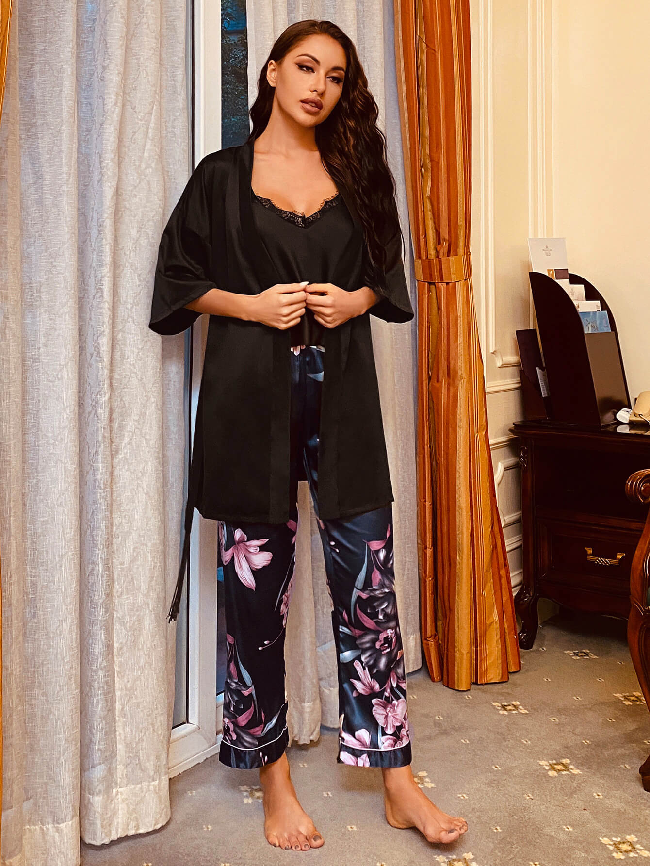 cami, robe, and printed pants pajama set