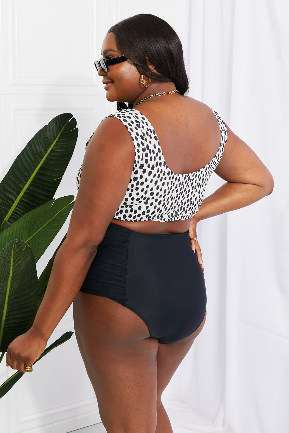 marina west swim sanibel crop swim top and ruched bottoms set in black