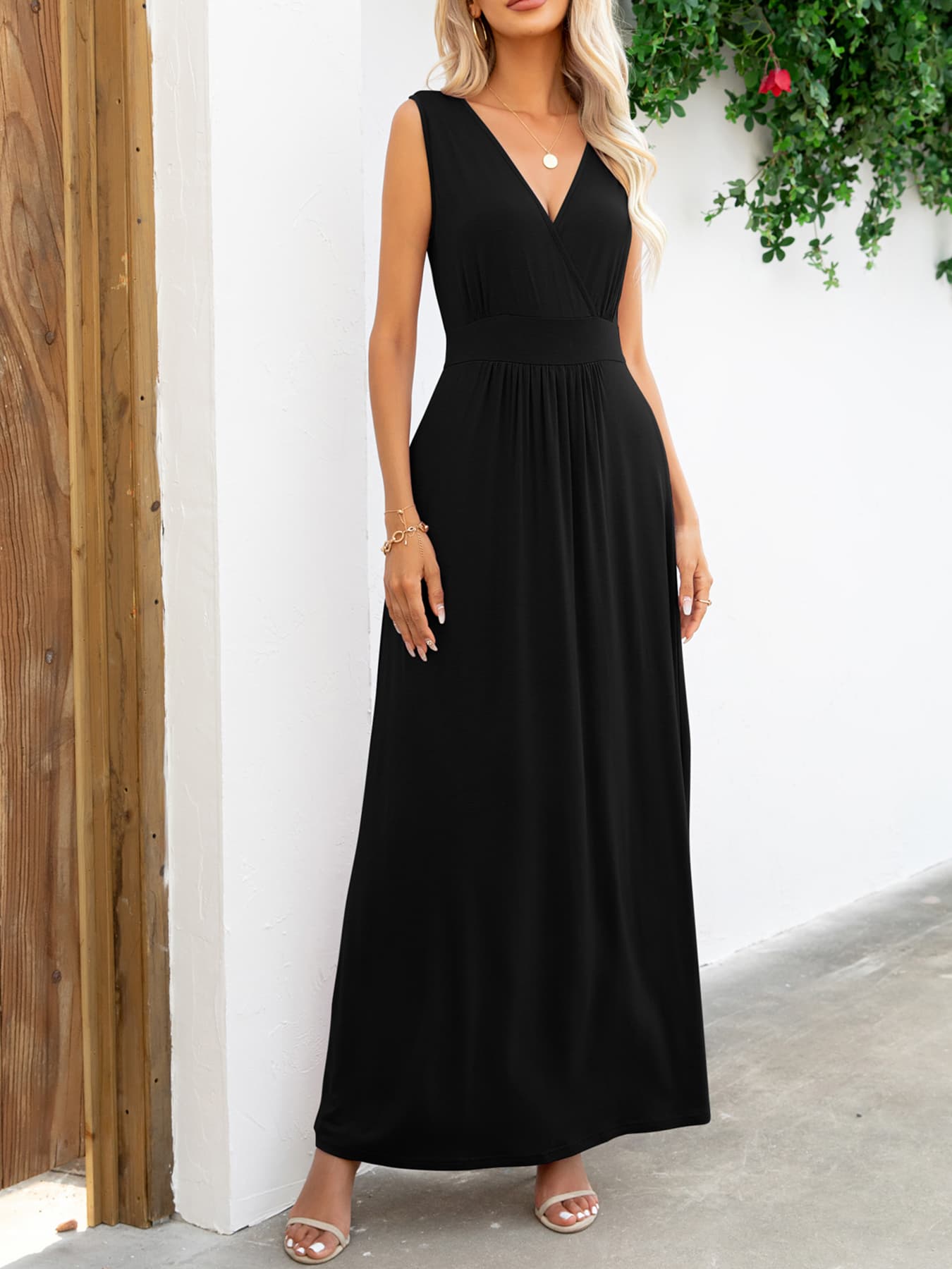 surplice neck sleeveless maxi dress