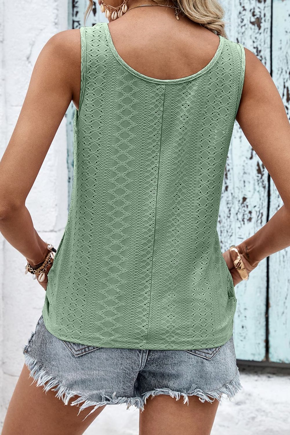 decorative button hem detail eyelet tank