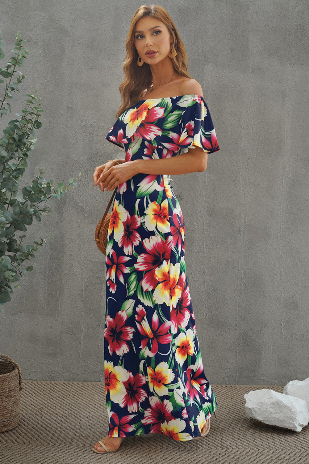 floral layered off-shoulder maxi dress