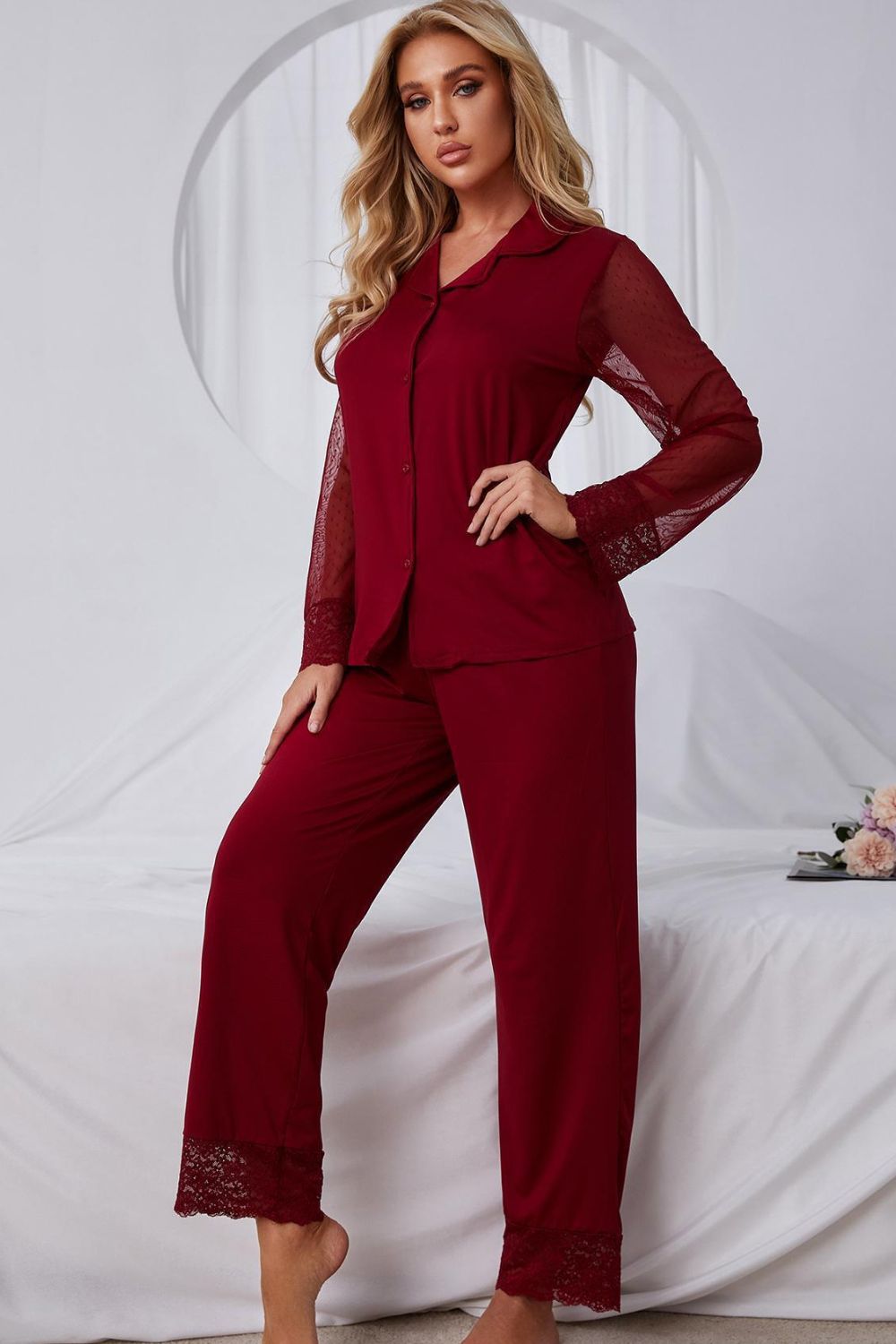 spliced lace lapel collar pajama set