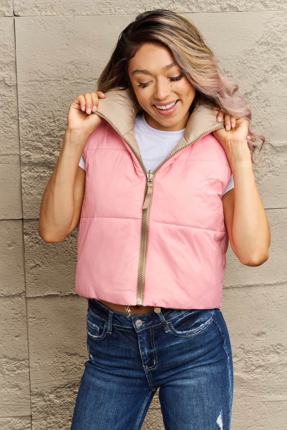 zip-up drawstring puffer vest