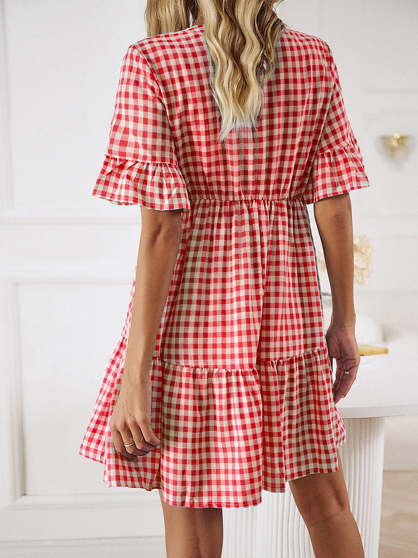 plaid flounce sleeve buttoned mini dress
