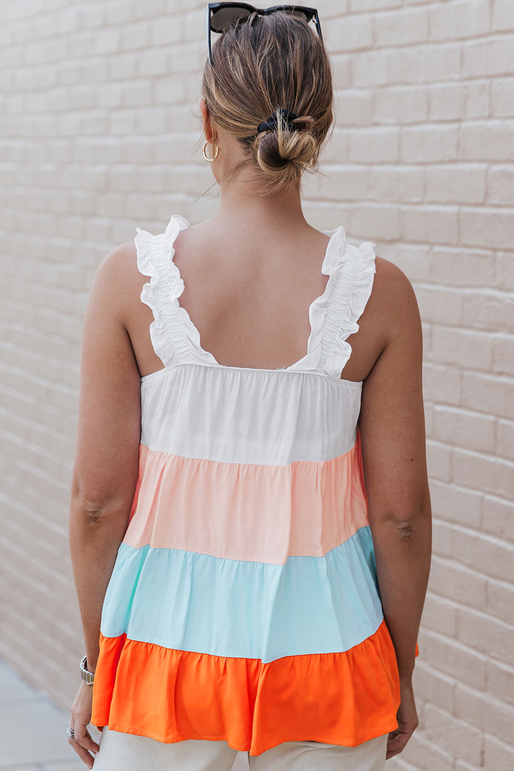 color block ruffle strap tank