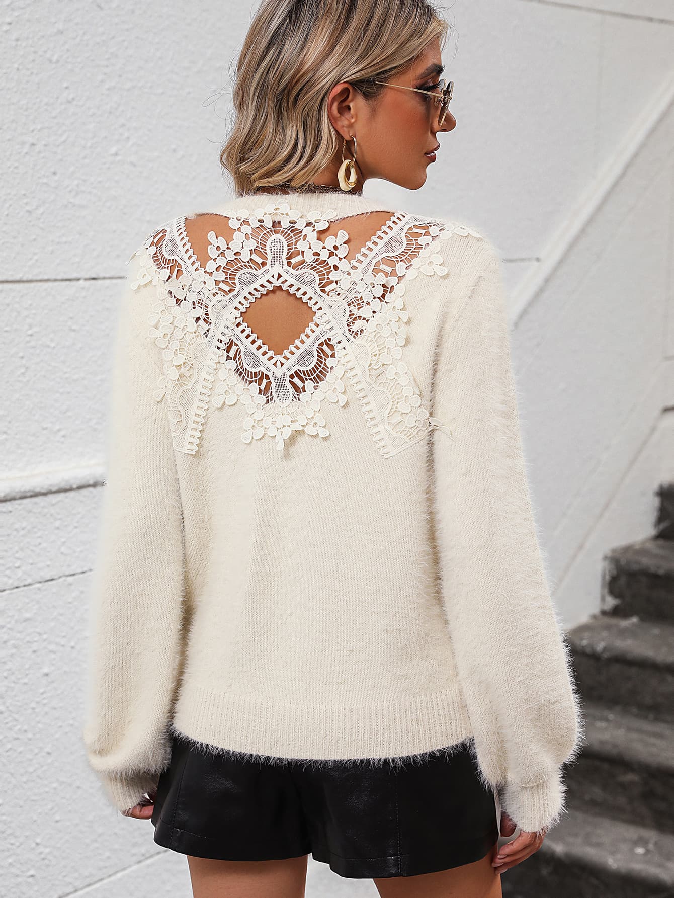 lace detail cutout long sleeve pullover sweater