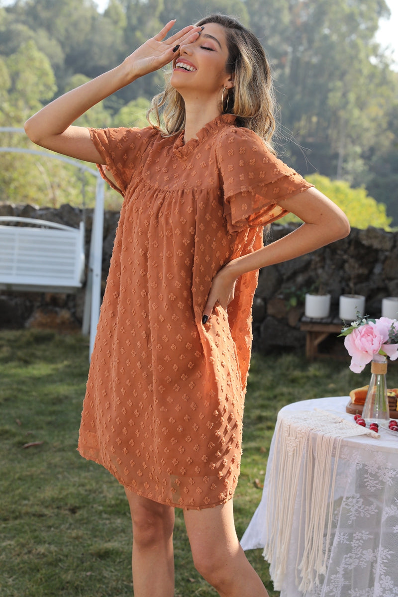 swiss dot round neck flutter sleeve dress