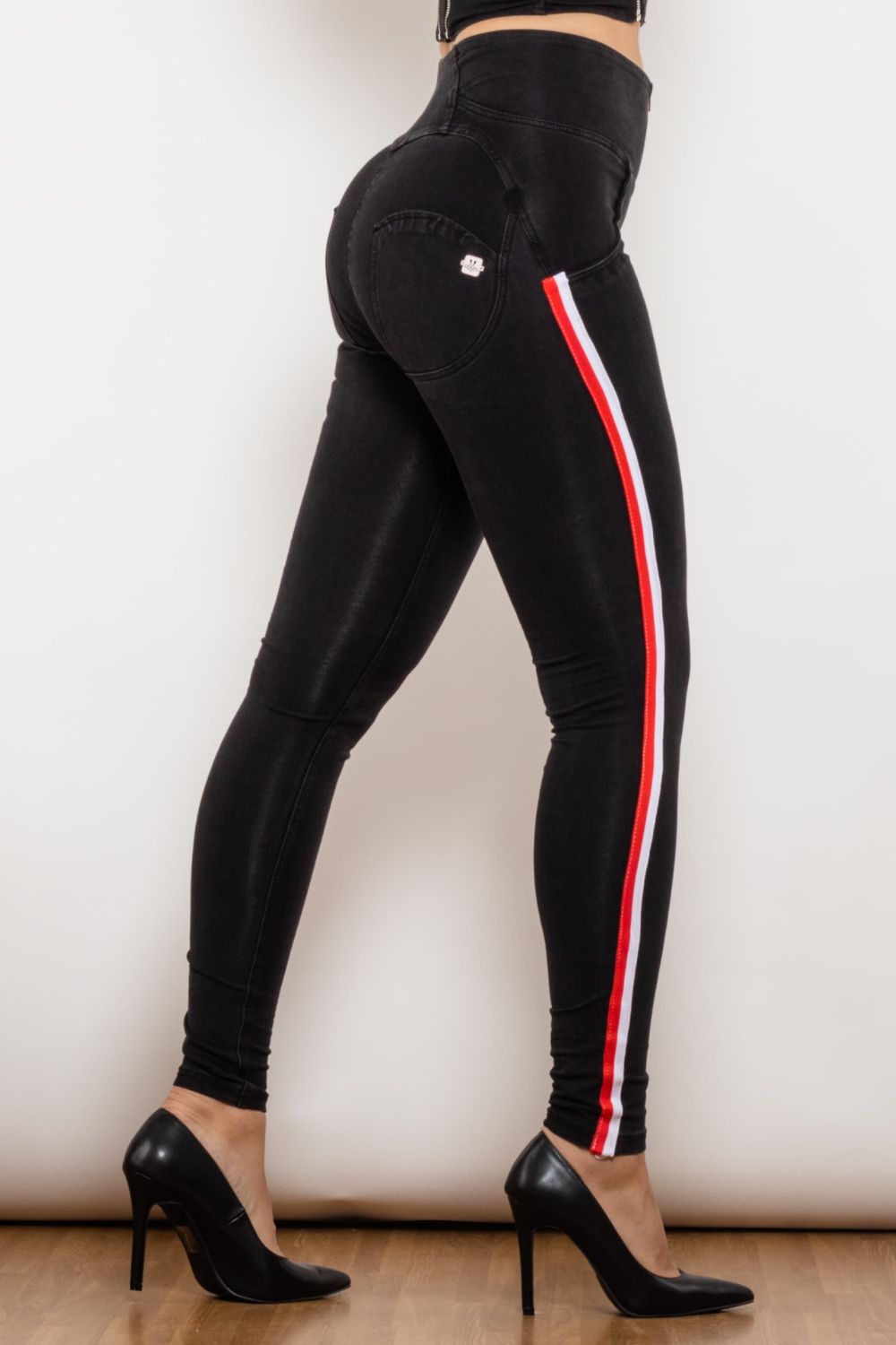 side stripe zip closure high waist jeans
