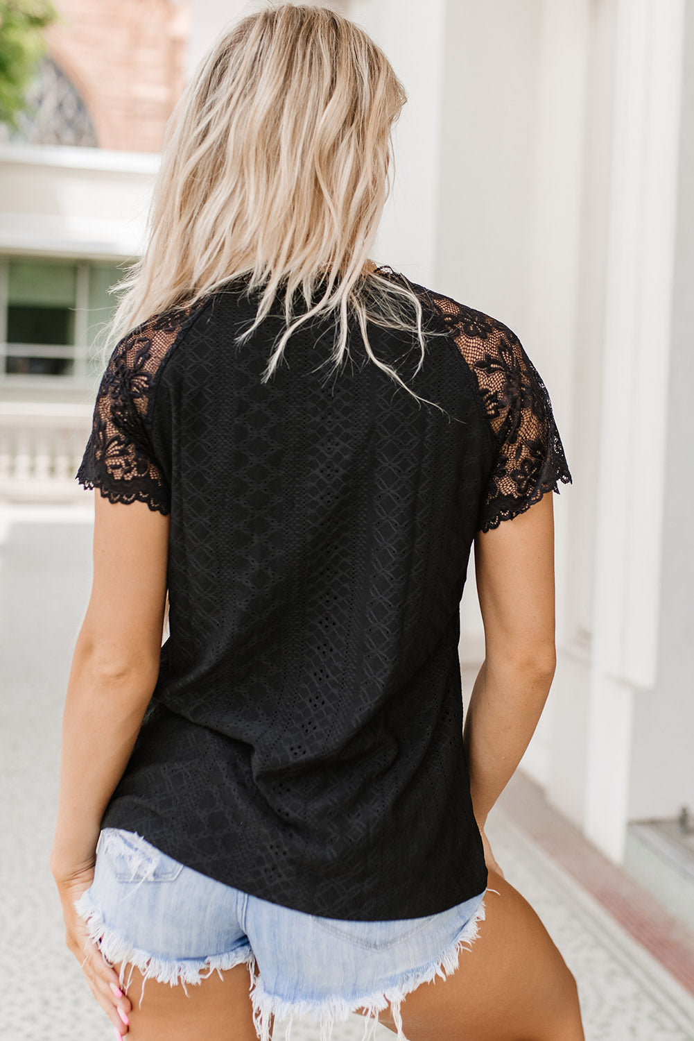 v-neck short sleeve lace trim blouse