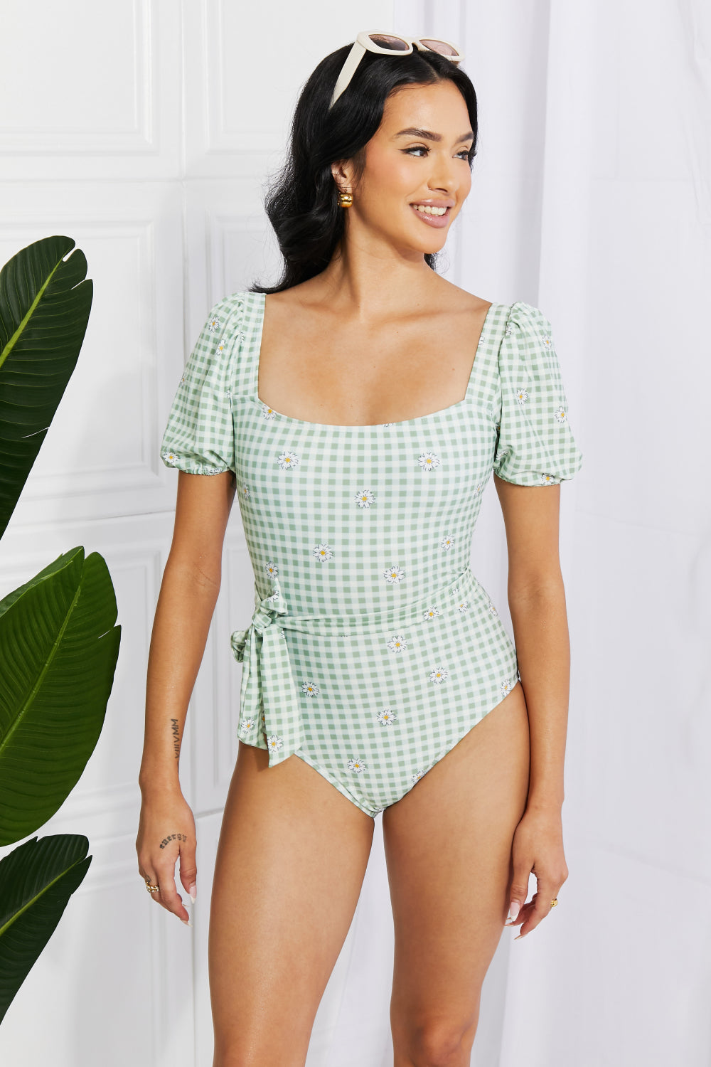 marina west swim salty air puff sleeve one-piece in sage