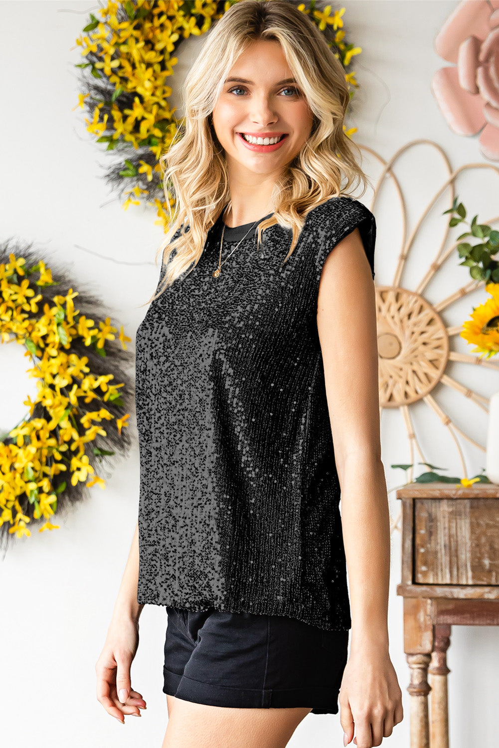 sequin round neck capped sleeve tank