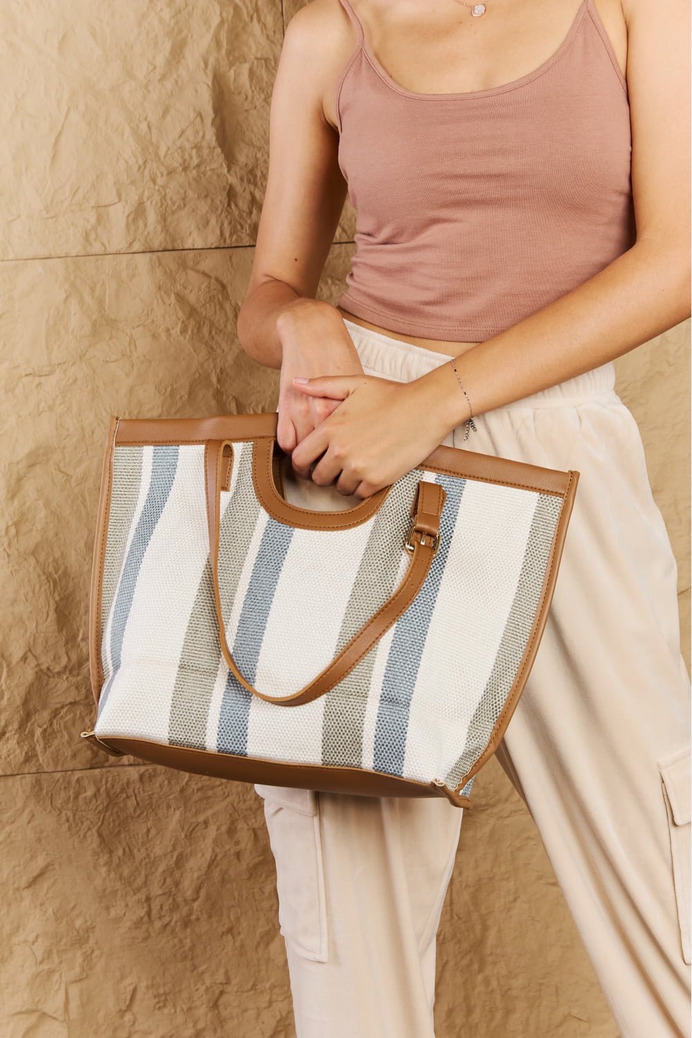 fame striped in the sun faux leather trim tote bag