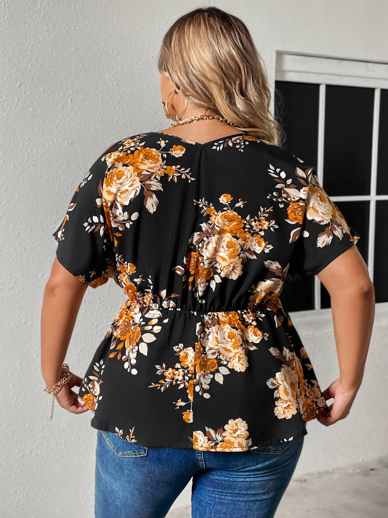 plus size floral print cold shoulder surplice neck blouse