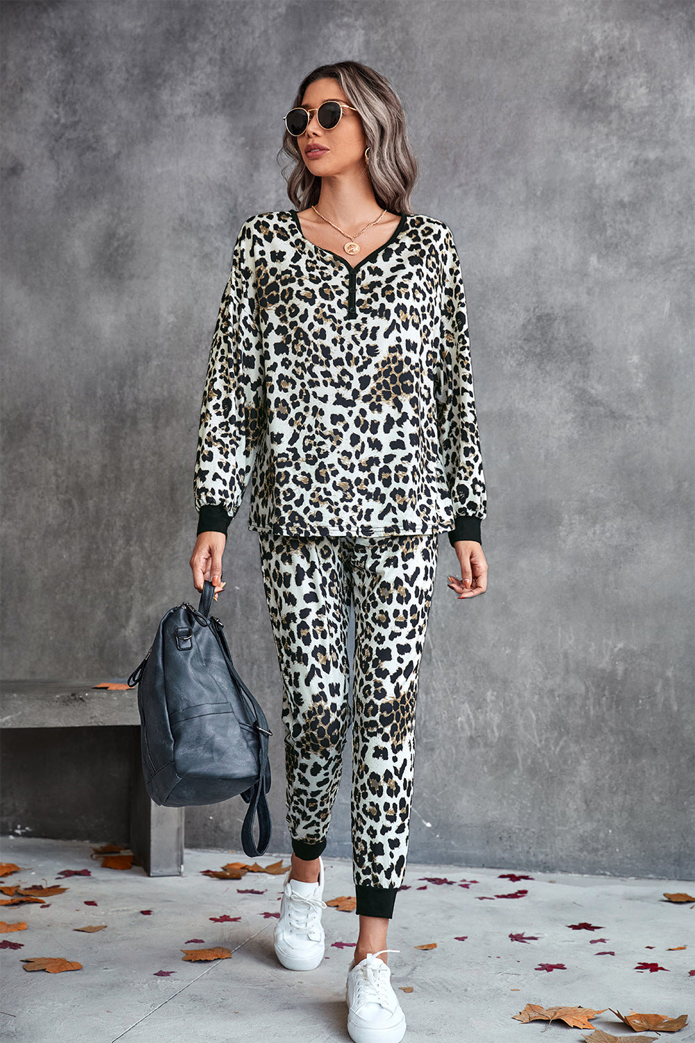 leopard v-neck dropped shoulder loungewear set