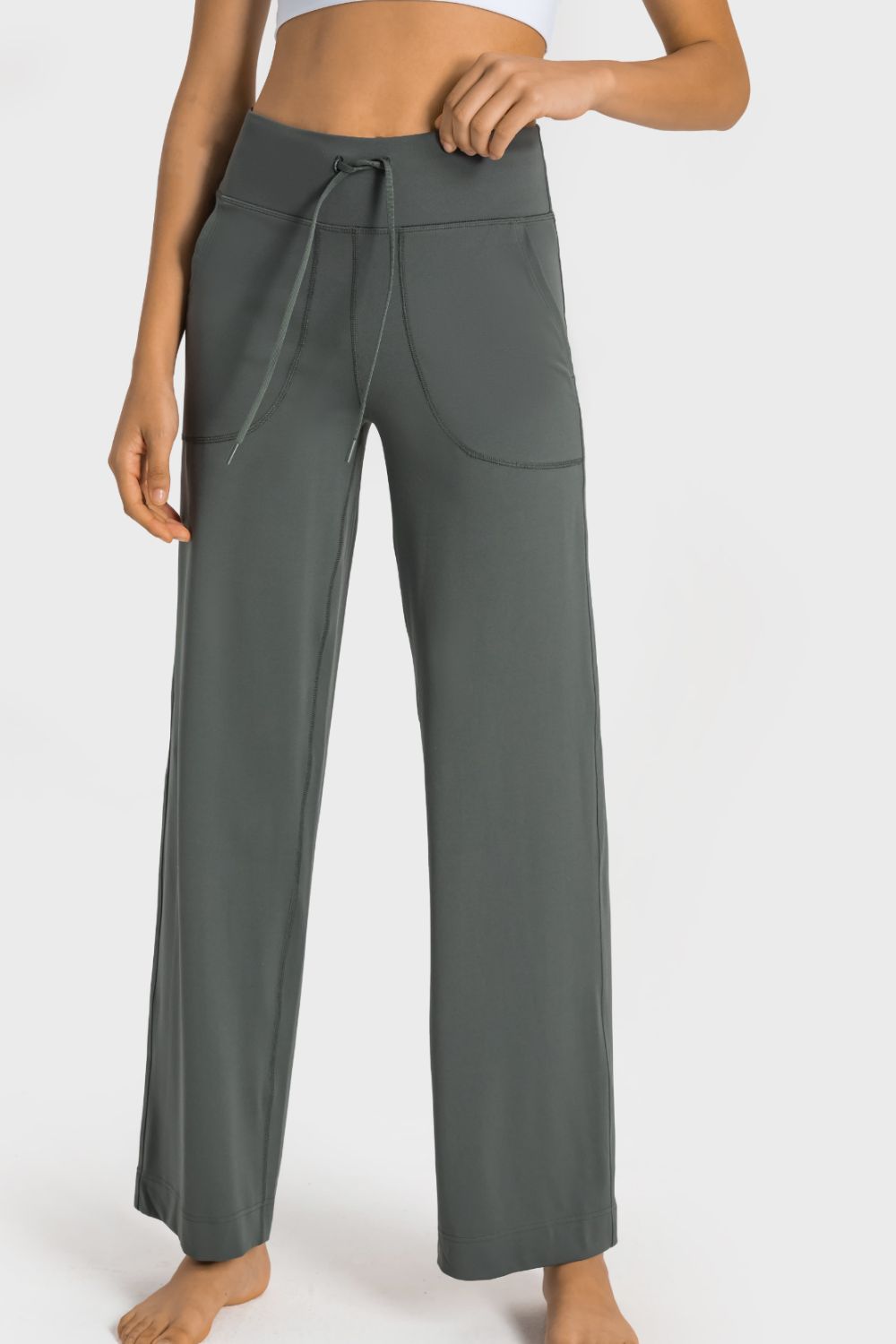 drawstring waist wide leg sports pants with pockets