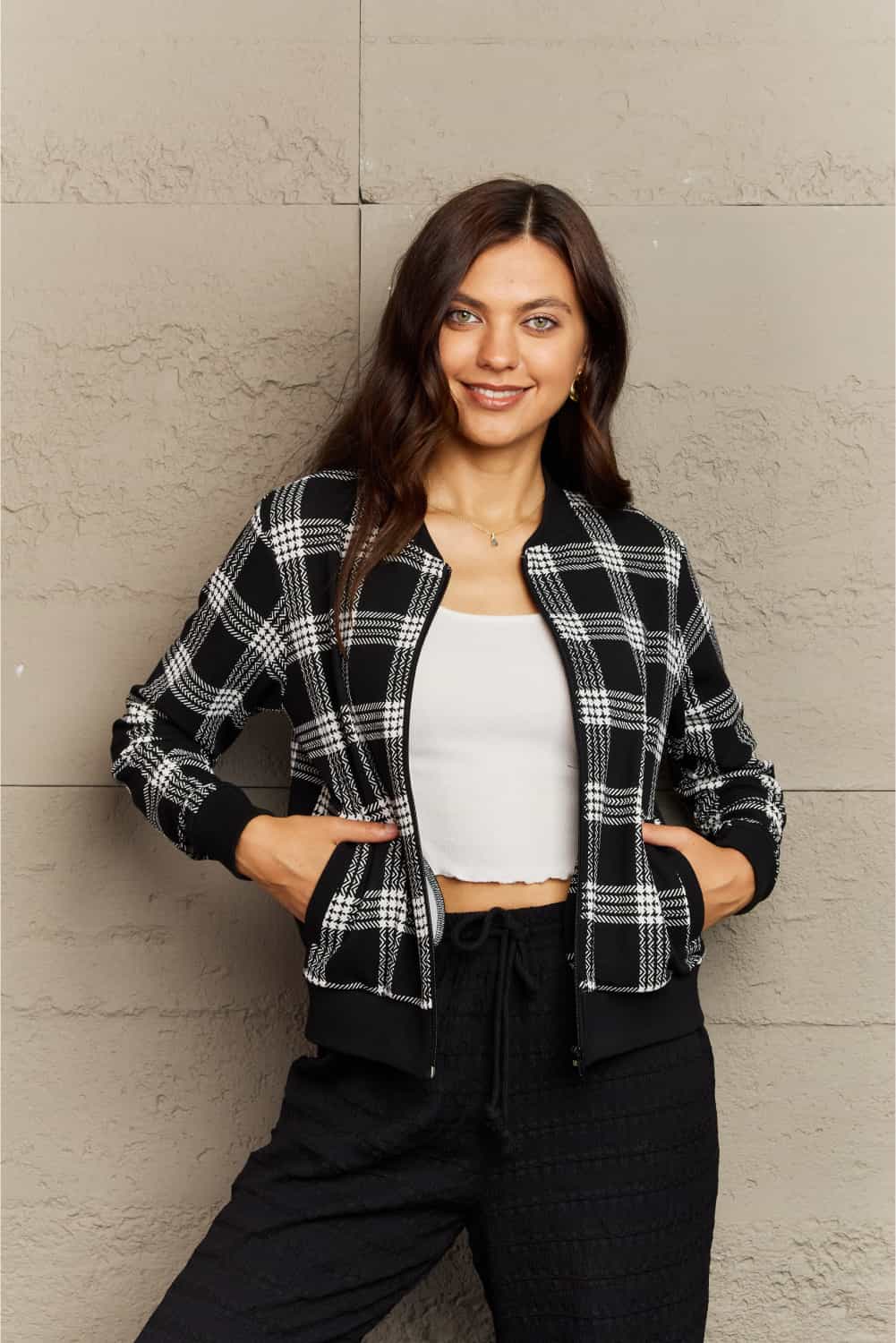 ninexis full size plaid round neck long sleeve jacket