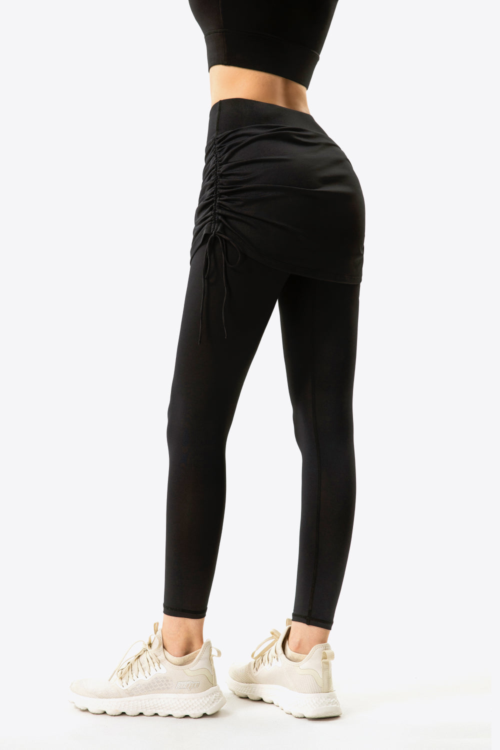 drawstring ruched faux layered yoga leggings