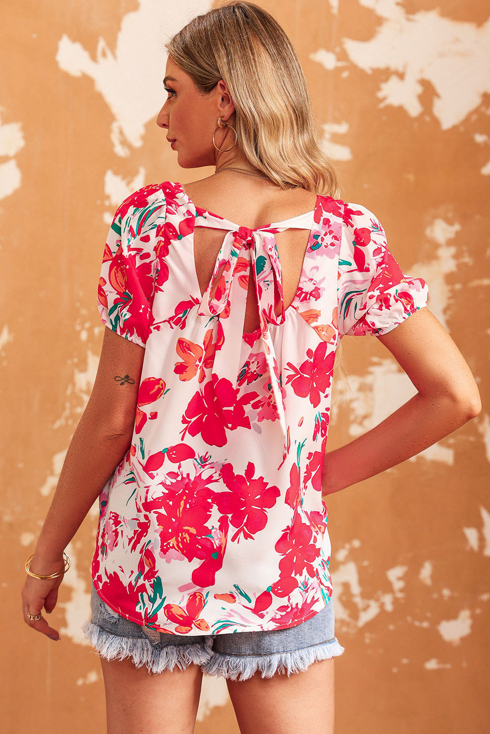 floral tie back square neck blouse