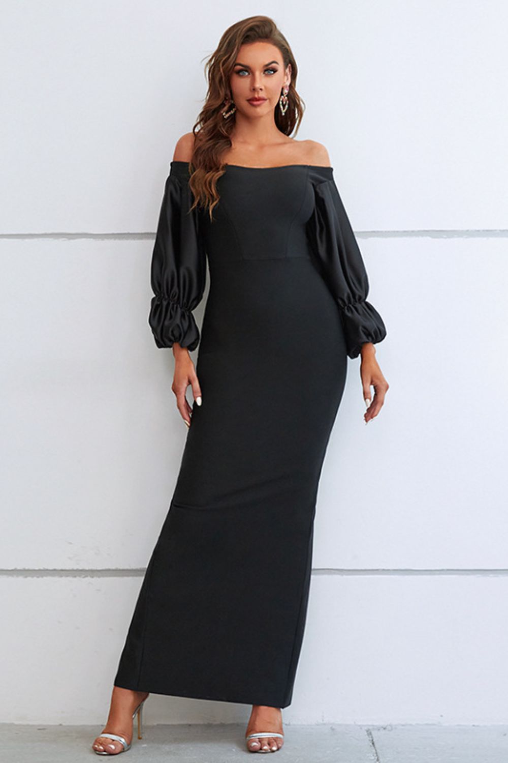 off-shoulder bubble sleeve slit dress