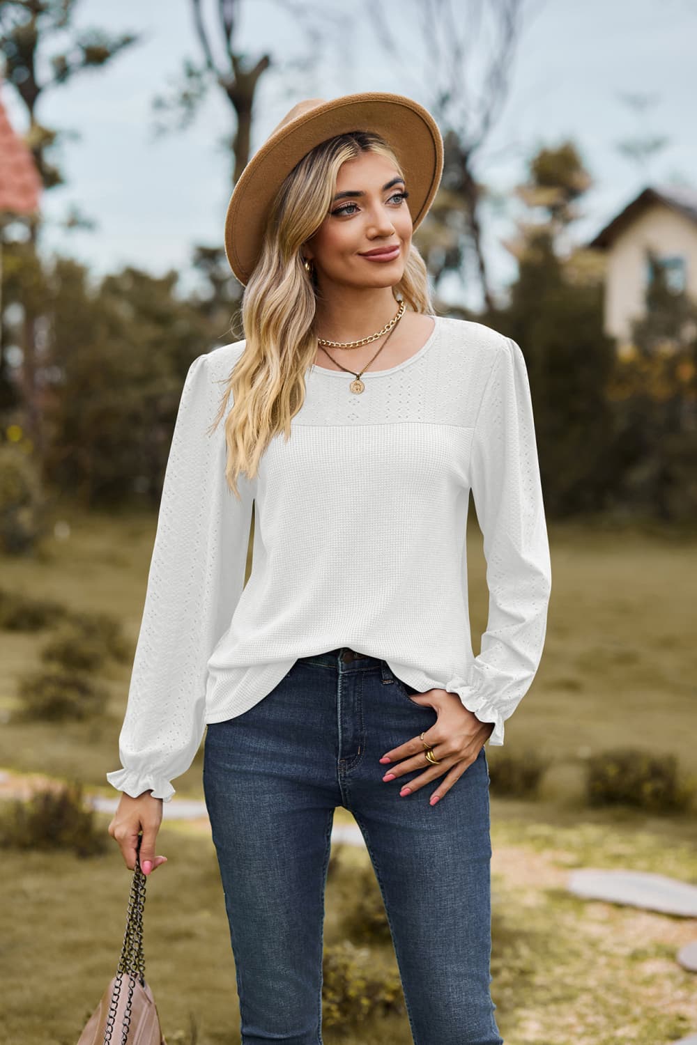 round neck puff sleeve blouse