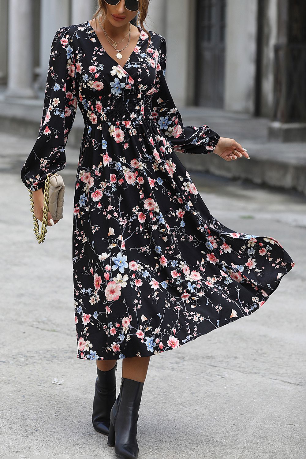 floral long sleeve surplice neck dress