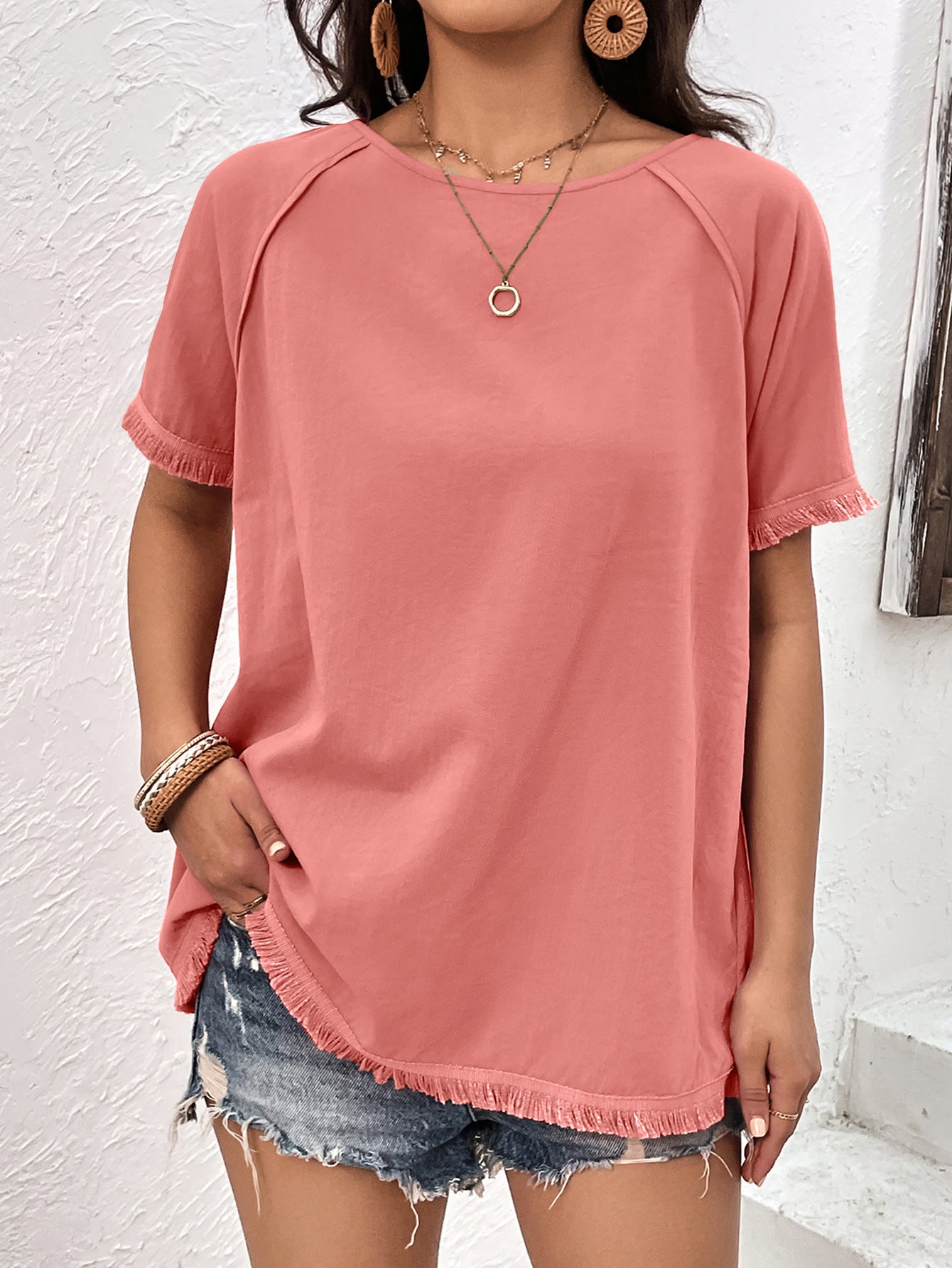 round neck raglan sleeve fringe detail top
