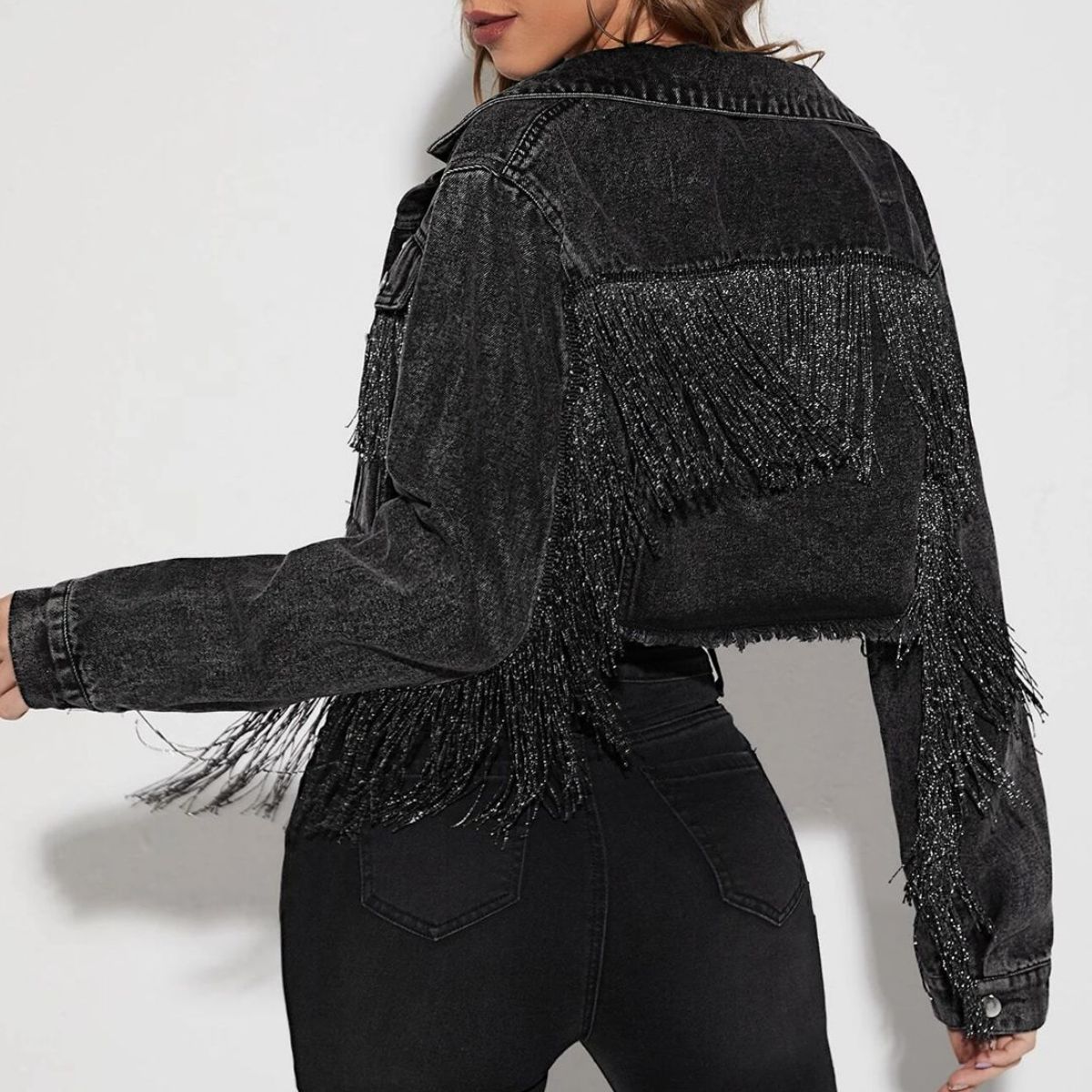 fringe detail long sleeve cropped denim jacket