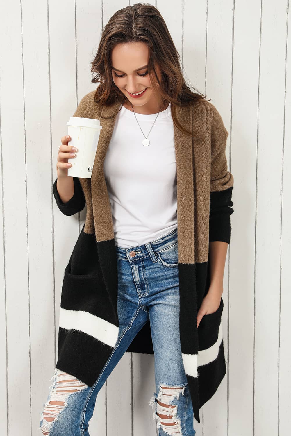 color block dropped shoulder longline cardigan